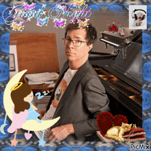 a picture of a man sitting at a piano with the words good night written on the top