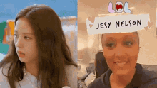 a woman is wearing a paper that says jesy nelson on her head .