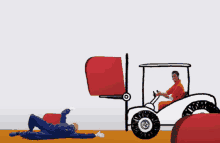 a man is laying on the ground next to a drawing of a forklift