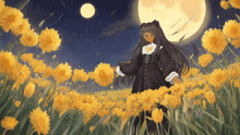 a girl stands in a field of yellow flowers with a full moon in the background