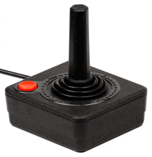 a black atari joystick with a red button on the bottom