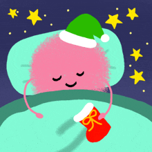 a pink cartoon character wearing a santa hat and holding a christmas stocking