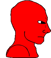 a cartoon drawing of a red man 's head with an angry expression .