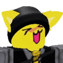 a yellow cat wearing a black hat and tie is making a face