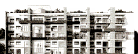 a black and white drawing of a building with balconies