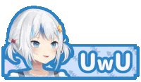 a sticker of a girl with white hair and blue eyes and the word uwu