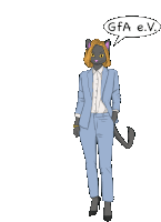 a drawing of a cat in a suit with gfa e.v. in a speech bubble above it