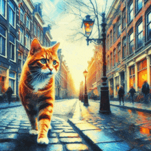 a cat is walking down a cobblestone street in a city