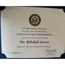 a certificate of congressional recognition for ms. rebekah severe