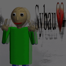 a cartoon character in a green shirt is standing in front of a sybau logo