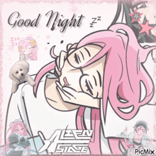 a picture of a girl with pink hair and the words good night on the bottom
