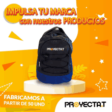 a black and blue backpack with the word proyectat on the front