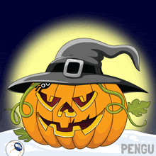 a cartoon drawing of a pumpkin wearing a witch hat with the word pengu on the bottom
