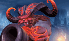 a monster with horns and a beard is holding a cannon with the letter g on it