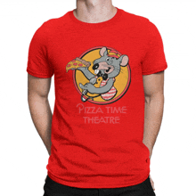 a man is wearing a red t-shirt that says pizza time theatre on the front