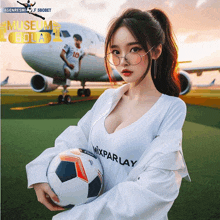 a woman holding a soccer ball in front of an airplane that says museum bola on it