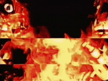 a cartoon character is surrounded by flames and smoke in a dark room .