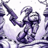 a drawing of a robot holding a gun in front of columns