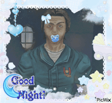 a picture of a man with a pacifier in his mouth and the words " good night "