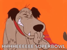 a cartoon dog is biting his finger while laughing and saying `` super bowl '' .