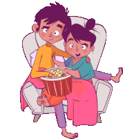 a boy and a girl are sitting on a couch eating popcorn