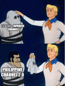 a cartoon of a man holding a piece of paper that says philippine channel 2.0 on it