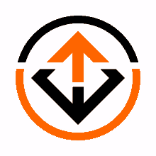 an orange and black logo with an arrow pointing upwards