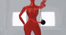 a red mannequin is holding a black object