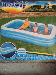 a box of a bestway inflatable pool with three children in it