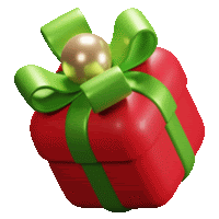 a red gift box with a green ribbon and a gold ball on top