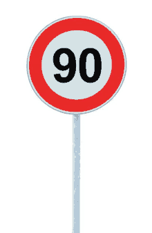 a red and white speed limit sign with the number 90