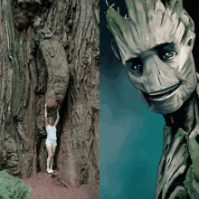 a woman standing next to a tree and a picture of groot