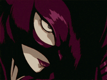 a close up of a person 's face with purple hair and red lips