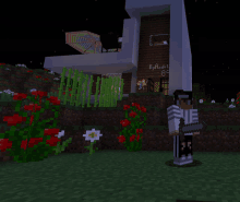 a man in a minecraft game stands in front of a building that says by andre 89