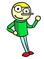 a cartoon character wearing a green shirt and blue pants is waving .