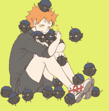 a drawing of a person surrounded by black birds with the letter n on their feet