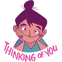 a cartoon of a girl with the words " thinking of you " written around her