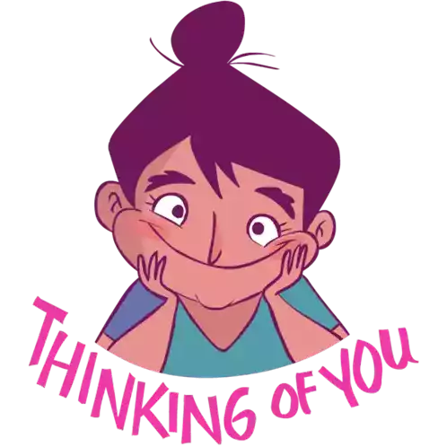 a cartoon of a girl with the words " thinking of you " written around her