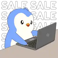 a cartoon penguin is looking at a laptop with the words sale sale sale behind him
