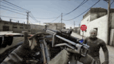 a stop sign is in the background of a video game