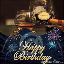 a happy birthday card with a bottle of hennessy and a glass of cognac