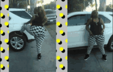 a woman in checkered pants is standing next to a car