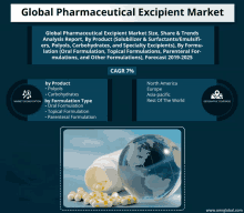 an advertisement for global pharmaceutical excipient market shows a bottle of pills and a globe