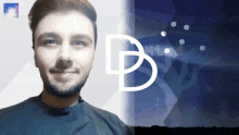 a man with a beard is smiling in front of a starry sky with the letter b in the foreground