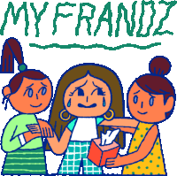 a cartoon drawing of three girls with the words my frandz written above them