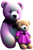 a pink teddy bear is standing next to a brown teddy bear in a pink dress