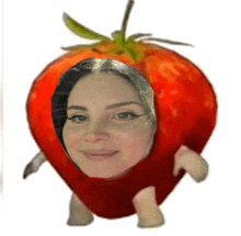 a woman 's face is in a strawberry with legs