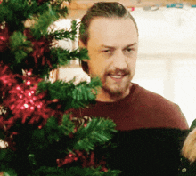 a man with a beard is standing in front of a decorated christmas tree