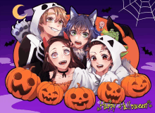 a group of anime characters are posing for a picture with pumpkins and the words happy halloween on the bottom