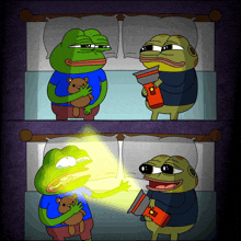 a cartoon of two frogs one holding a teddy bear the other holding a flashlight